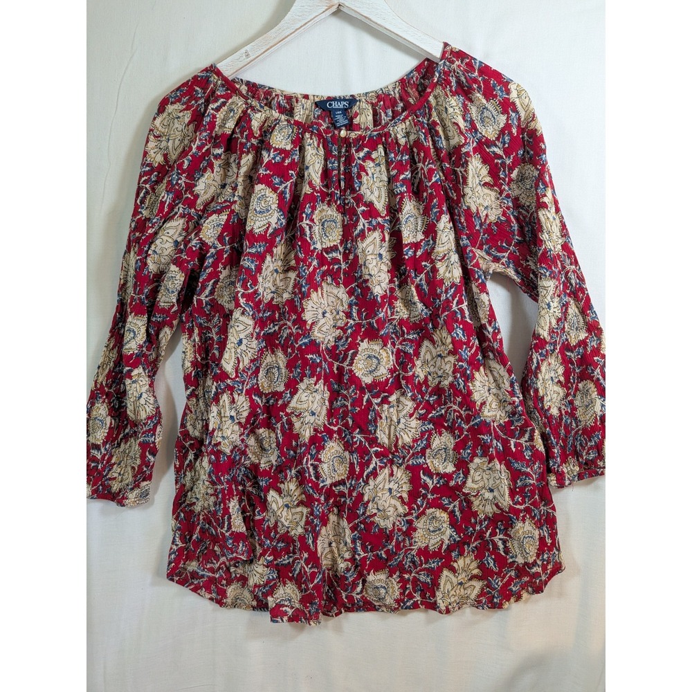 Chaps Womens Red Floral Cotton Peasant Blouse 3/4 Sleeve Top Large